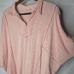 M Rena Oversized Top Rayon Stretch Pink 3/4 Sleeve Raw Seam Relaxed Boho S/M